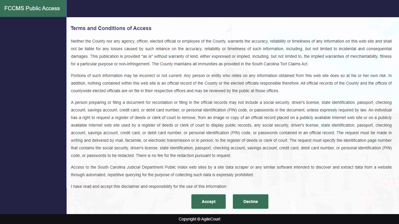 Public Access- AgileCourt Terms and Conditions - South Carolina
