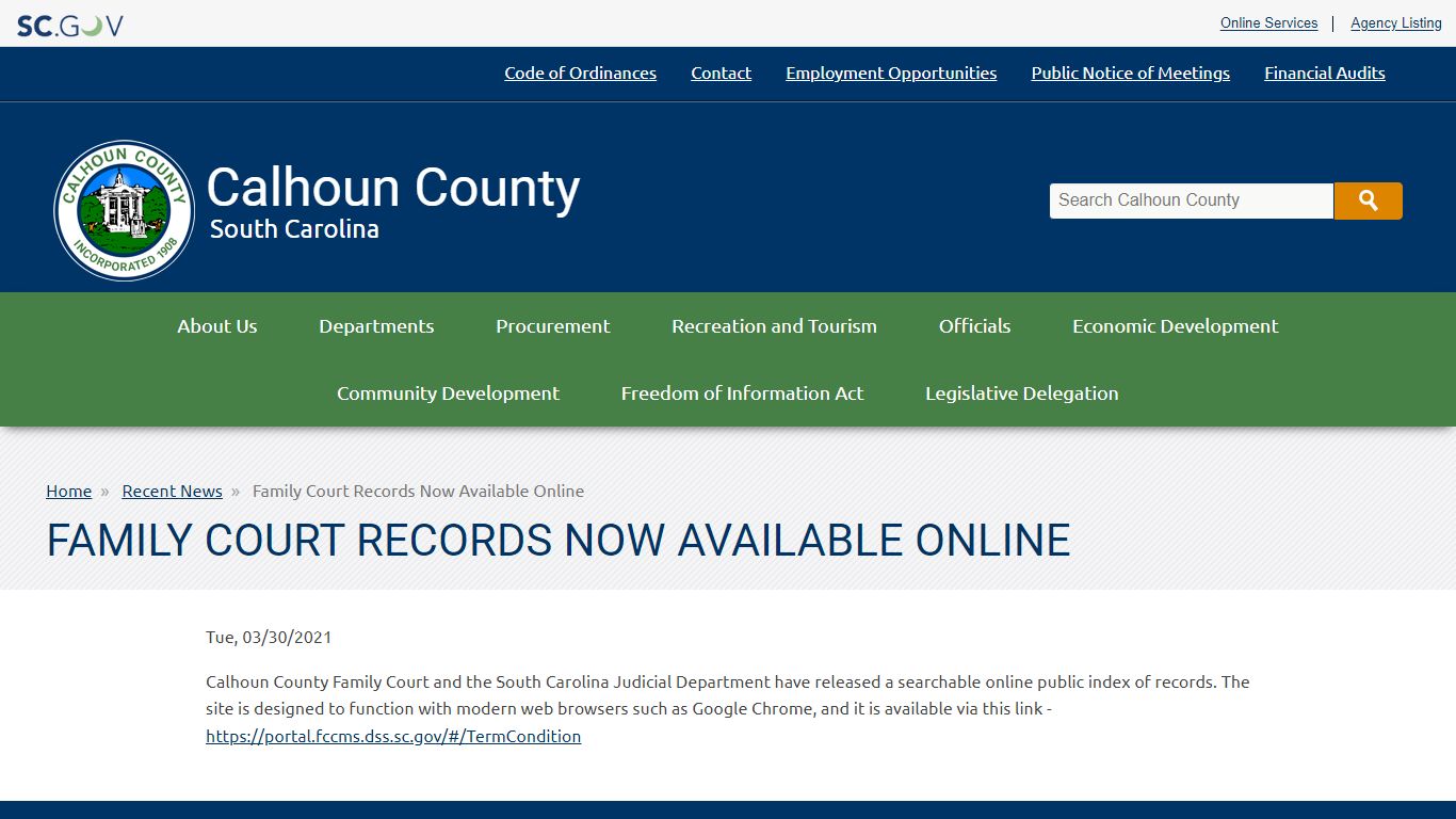 Family Court Records Now Available Online | Calhoun County - South Carolina